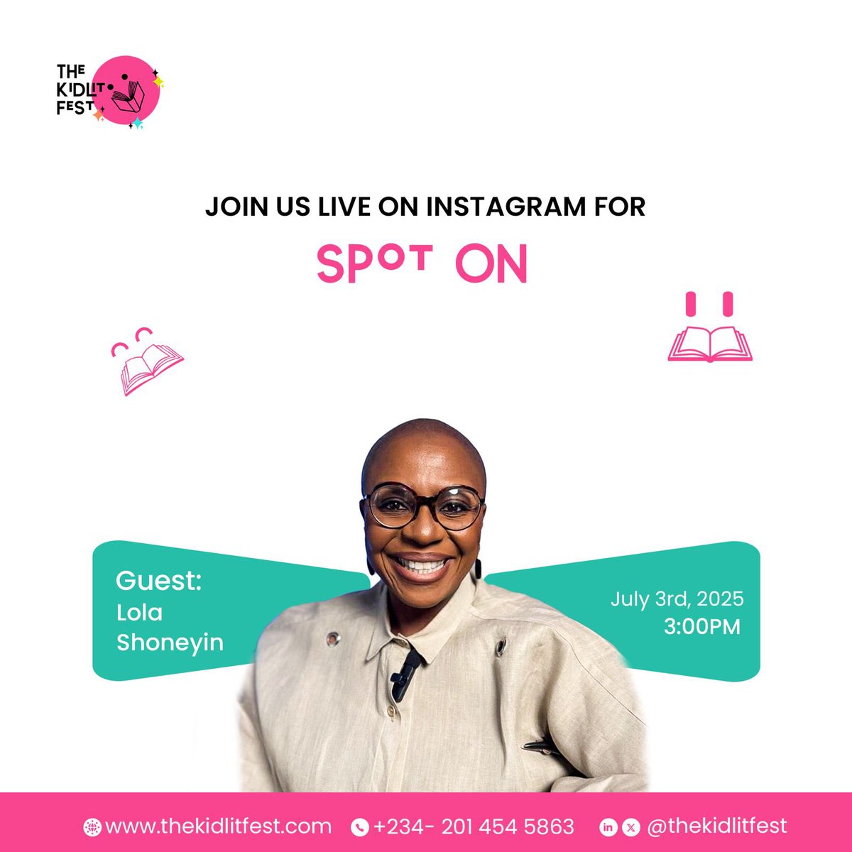TheKidLitFest (@thekidlitfest) on Twitter photo #SpotOn is about to get even better! 🚨
This Thursday at 3PM, we’re live with <a href="/lolashoneyin/">Lọlá Shónẹ́yìn</a>, an amazing author, and a literary powerhouse. She’s sharing her journey, what inspires her, and how young people can find their voice through books.
Don’t miss it!
📚KLF
#KidLit #SpotOn is about to get even better! 🚨
This Thursday at 3PM, we’re live with <a href="/lolashoneyin/">Lọlá Shónẹ́yìn</a>, an amazing author, and a literary powerhouse. She’s sharing her journey, what inspires her, and how young people can find their voice through books.
Don’t miss it!
📚KLF
#KidLit