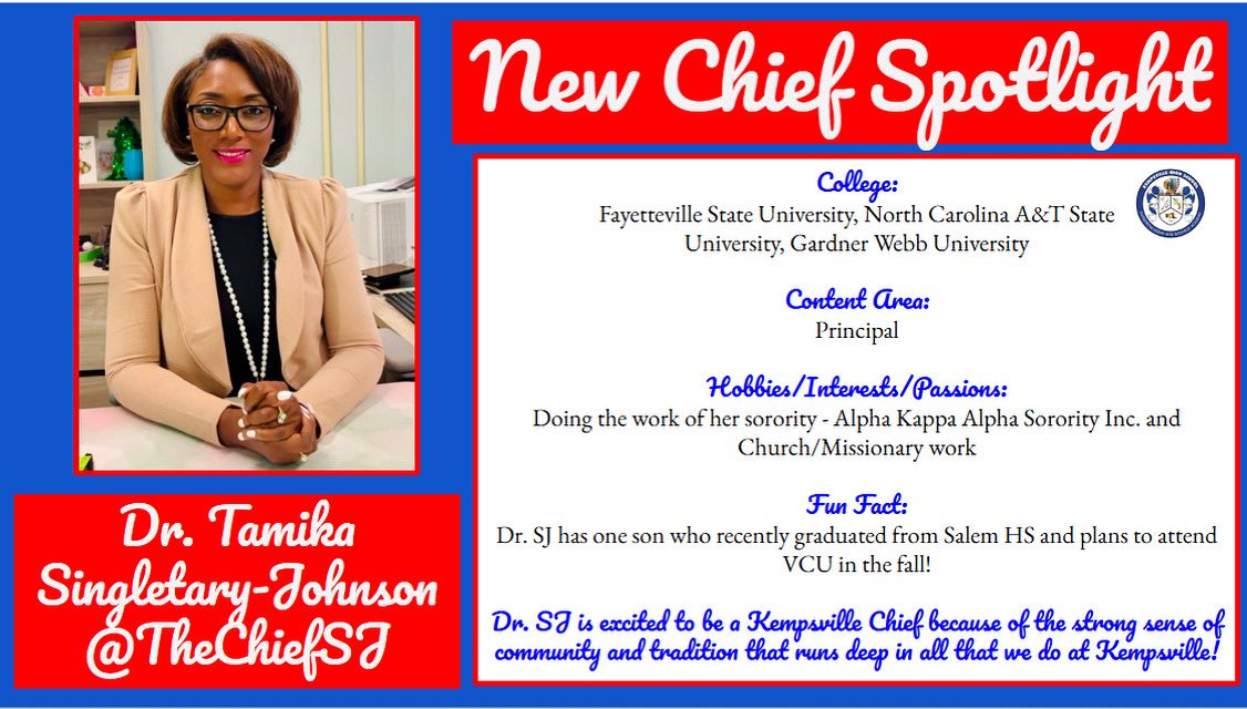 Kempsville Chiefs (@khs_chiefs) on Twitter photo π Meet Dr. Tamika Singletary-Johnson, our new Kempsville HS Principal! With 16+ yrs in education & a heart for student success, Dr. SJ brings energy, experience & #ChiefPride! Join us in giving her a warm #ChiefsWelcome! πβ€οΈπͺΆ <a href="/TheChiefSJ/">Tamika Singletary-Johnson</a> #WelcomeDrSJ #chiefkhspride π Meet Dr. Tamika Singletary-Johnson, our new Kempsville HS Principal! With 16+ yrs in education & a heart for student success, Dr. SJ brings energy, experience & #ChiefPride! Join us in giving her a warm #ChiefsWelcome! πβ€οΈπͺΆ <a href="/TheChiefSJ/">Tamika Singletary-Johnson</a> #WelcomeDrSJ #chiefkhspride