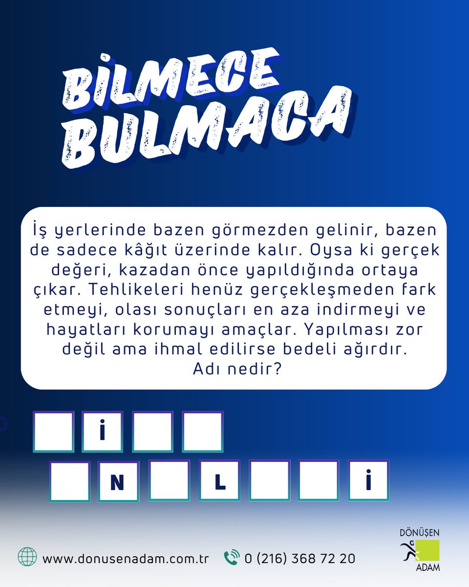 Bulmacanın yanıtı nedir?
#ioshmanagingsafely #davranisodakliguvenlikyonetimi #donusenadam #dekra #hse #kaksa #tbrd #osgb #lws #danısmanlıkhizmetleri #DönüşenAdam #eğitim #danışmanlık
#isg #liderlik #sektöreözel #işkazaları #meslekhastalıkları