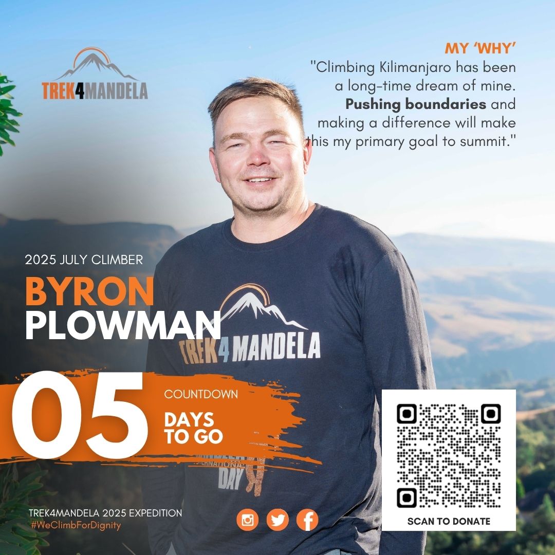 🎉 5 DAYS TO GO! 🏔

The countdown continues as we cheer on Byron Plowman, our inspiring Trek4Mandela 2025 July Climber!

📲 Scan QR Code to donate or click here: givengain.com/project/amanda…

One climb. One cause. PERIOD🩸!

#Caring4Girls
#MandelaDay
#WeClimbForDignity