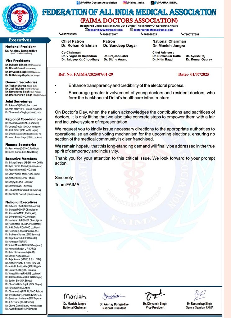 FAIMA Doctors Association (@faima_india_) on Twitter photo On #DoctorsDay, #FAIMA urges <a href="/drpankajbjp/">Pankaj Kumar Singh</a> Hon'ble Health Minister Delhi to ensure ONLINE VOTING for Delhi Medical Council elections.
Thousands of Young doctors are unable to vote due to 24x7 duties.
No more disenfranchisement.
Representation must be inclusive & transparent. On #DoctorsDay, #FAIMA urges <a href="/drpankajbjp/">Pankaj Kumar Singh</a> Hon'ble Health Minister Delhi to ensure ONLINE VOTING for Delhi Medical Council elections.
Thousands of Young doctors are unable to vote due to 24x7 duties.
No more disenfranchisement.
Representation must be inclusive & transparent.