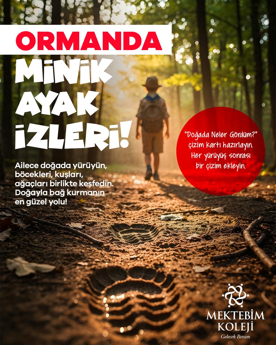 Ormanda minik ayak izleri! 👣
Ailece doğaya çıkın, kuşların melodisini dinleyin, böcekleri keşfedin, ağaçlara dokunun. Her adım, sizlerin doğayla kurduğu bağın bir parçası 🌿

“Doğada Neler Gördüm?” çizim kartını hazırlayın, her keşif sonrası bir çizim ekleyin!🎨

#MektebimKoleji