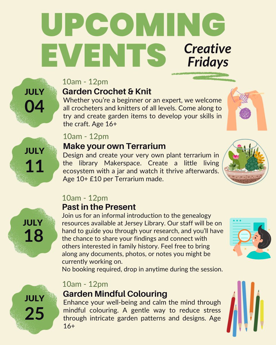 JerseyLibrary's tweet image. Take a look at our Creative Fridays July lineup! We’ve got plenty of exciting events happening this month. While our popular "Make Your Own Terrarium" workshop is already fully booked, our regular events are still running and don’t require any booking. #getcreative