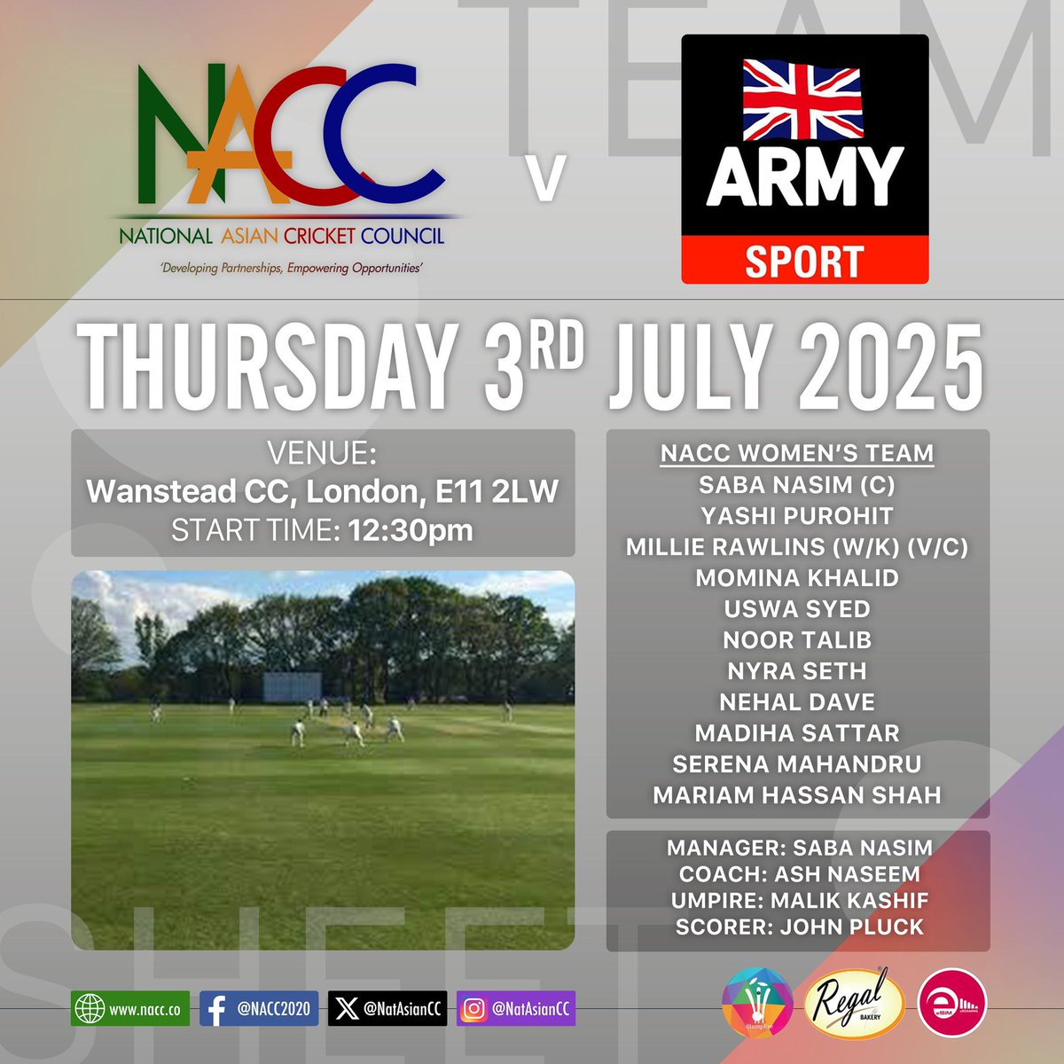 National Asian Cricket Council (@natasiancc) on Twitter photo Looking forward to what promises to be a fantastic day playing our inaugural game v <a href="/ArmySportASCB/">Army Sport</a> <a href="/Wansteadcc/">Wanstead & Snaresbrook CC</a>
<a href="/kay_baig/">Kay Baig FRSA</a> <a href="/Sabanasim7/">Saba Nasim BEM BCAv</a>
@RegalFoods <a href="/eROAMINGeSIM/">eRoaming-eSIM</a> <a href="/StumpEye2025/">StumpEye</a>
#DevelopingPartnerships #EmpoweringOpportunities π Looking forward to what promises to be a fantastic day playing our inaugural game v <a href="/ArmySportASCB/">Army Sport</a> <a href="/Wansteadcc/">Wanstead & Snaresbrook CC</a>
<a href="/kay_baig/">Kay Baig FRSA</a> <a href="/Sabanasim7/">Saba Nasim BEM BCAv</a>
@RegalFoods <a href="/eROAMINGeSIM/">eRoaming-eSIM</a> <a href="/StumpEye2025/">StumpEye</a>
#DevelopingPartnerships #EmpoweringOpportunities π