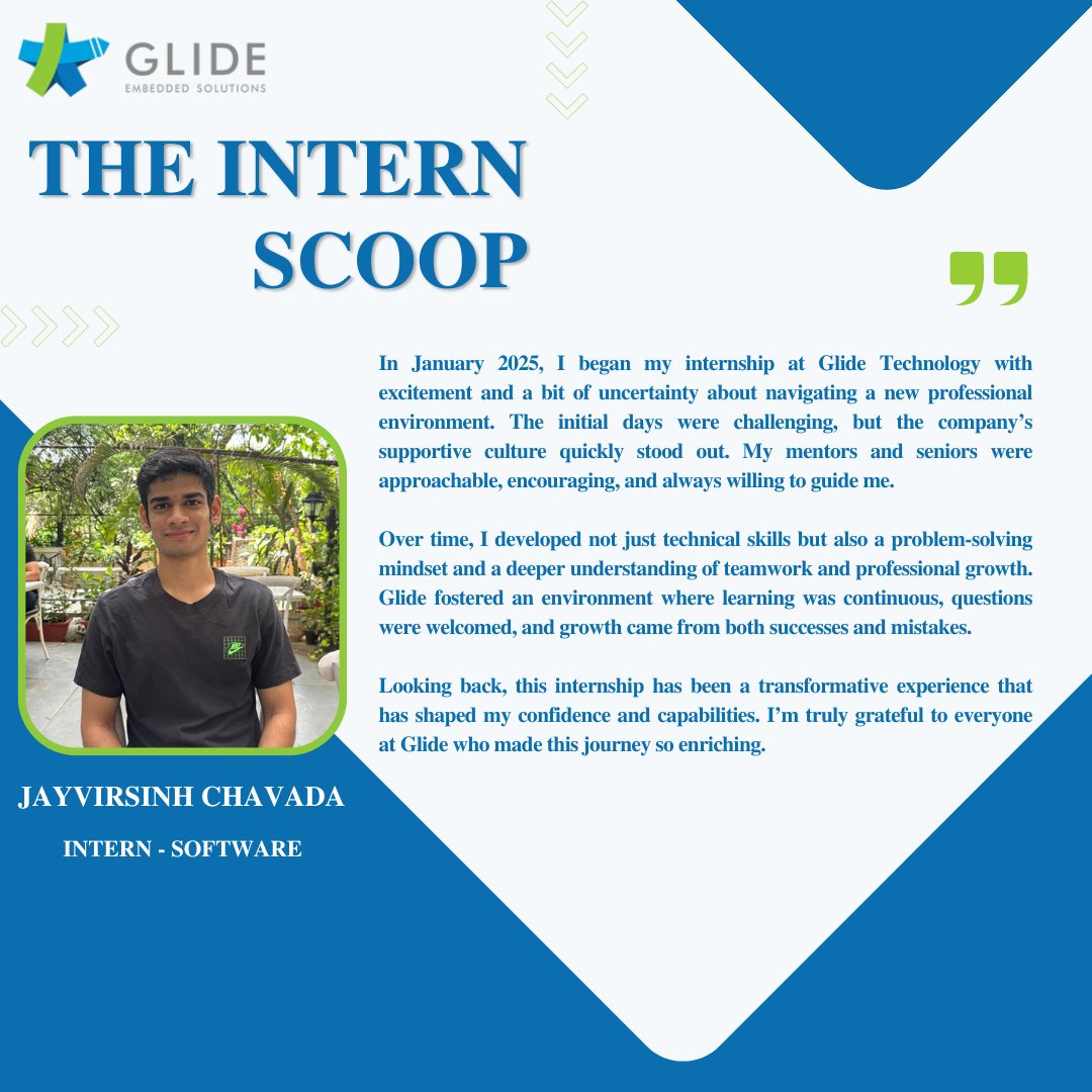 glidemtech's tweet image. “I began my internship at #GlideTechnology with excitement and a bit of uncertainty, but it quickly turned into a transformative journey.”-  Jayvirsinh Chavada, reflecting on his #InternshipExperience 🌟

🔗 Discover our #WorkCulture &amp;amp; #CurrentOpenings :  glidemtech.com/careers/