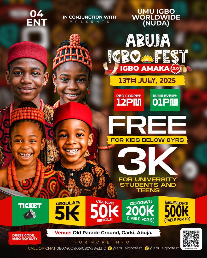 My Abuja People, hope we are all making plans to attend the biggest cultural event #AbujaIgboFest this July 13th at Old Parade Ground, Garki, Abuja and It’s FREE for kids!!!

Last year was massive and this year has more to offer!

Get your tickets 🎫 via this link