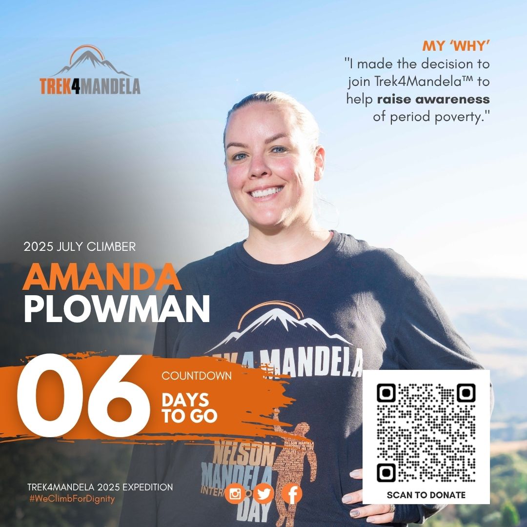 🎉 6 DAYS TO GO! 🏔

The countdown continues as we cheer on Amanda Plowman, our inspiring Trek4Mandela 2025 July Climber!

📲 Scan QR Code to donate or click here: givengain.com/project/amanda…

One climb. One cause. PERIOD🩸

#Caring4Girls
#MandelaDay
#WeClimbForDignity