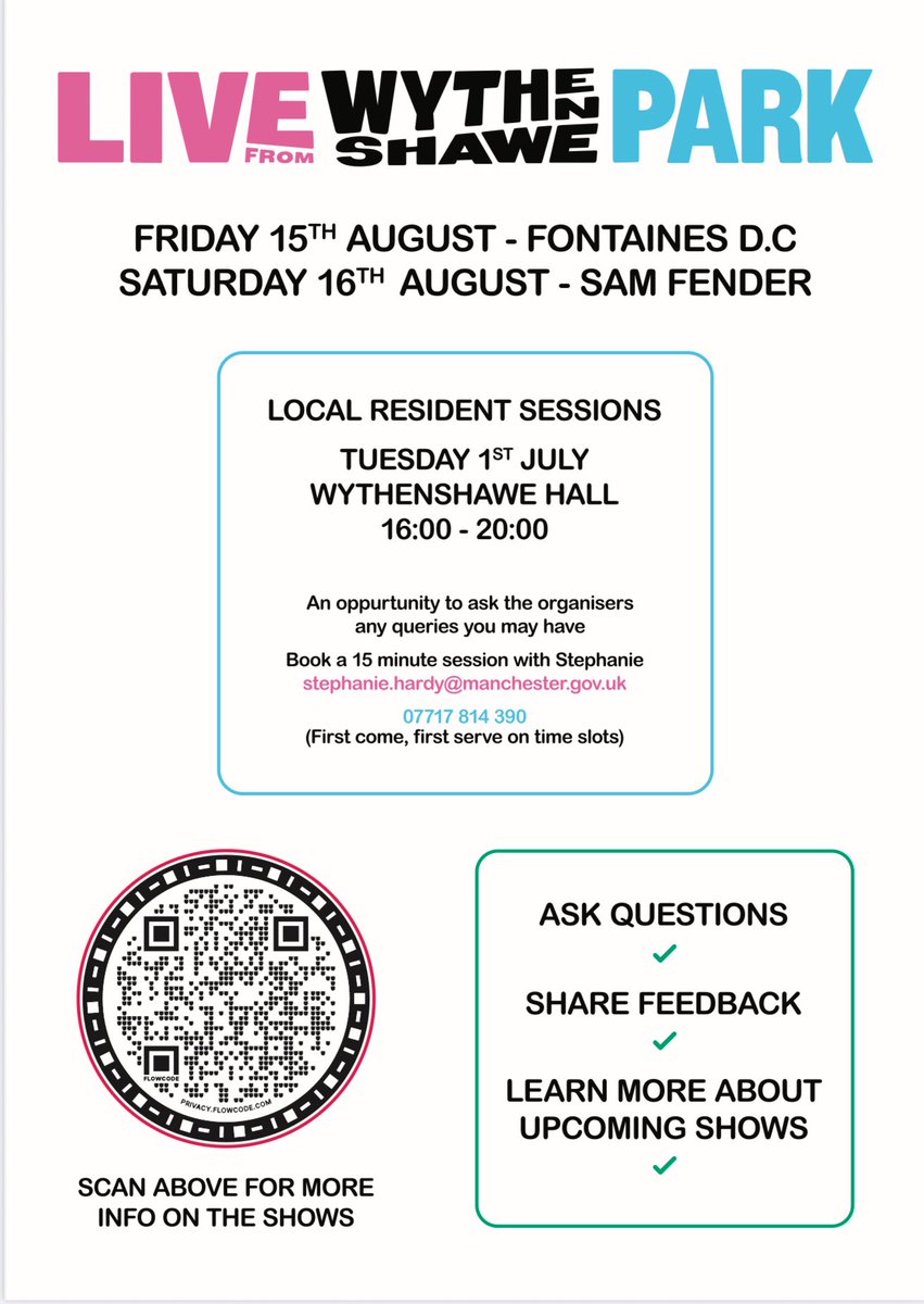 Live near Wythenshawe Park? 
Got questions about the upcoming Fontaines D.C &amp; Sam Fender gigs? 

Chat with organisers today 4-8pm 👇
