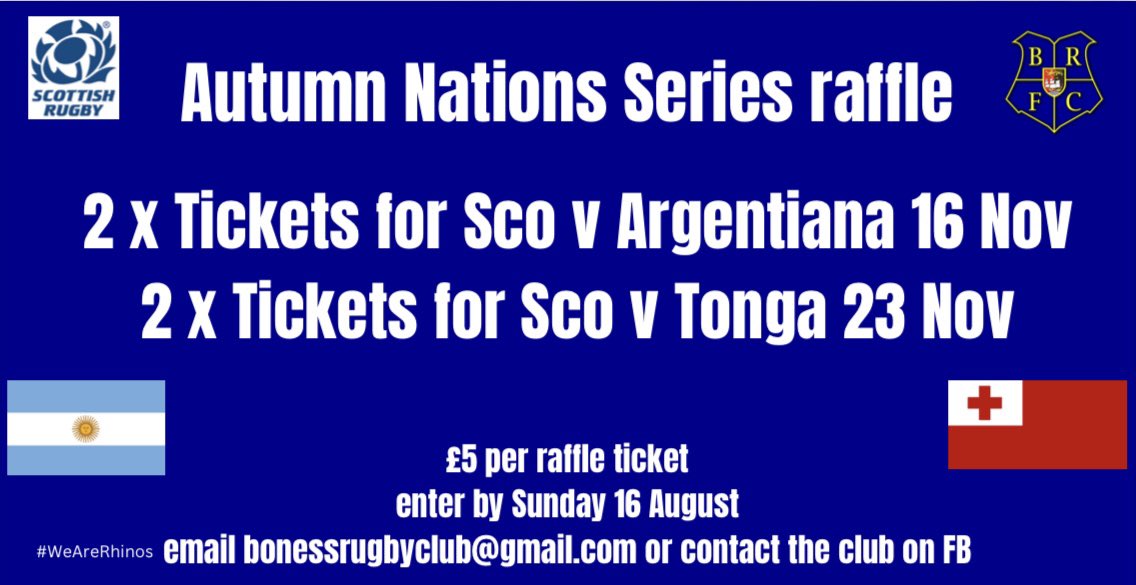 BonessRugbyFC's tweet photo. Autumn Nations Series Raffle –buzzing from that incredible Lions win? Keep the rugby fever alive with your chance to win tickets to the Autumn Internationals at Murrayfield
2 x Tickets to Scotland v Argentina (16 Nov) 
2 x Tickets to Scotland v Tonga (23 Nov)
💸 £5 per entry https://t.co/9dFSHD8PSW