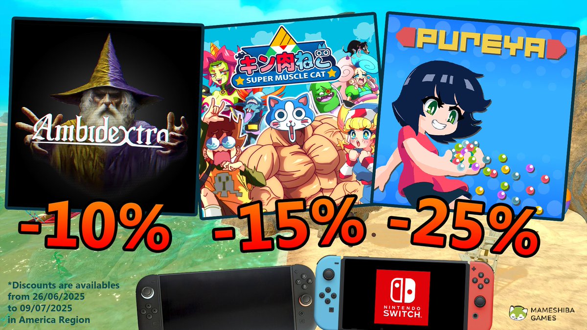 If you have a Nintendo Switch 2 or Nintendo Switch and live in the American region, get ready for the summer sales we have for you.

🧙‍♀️ -10% bit.ly/Ambidextro_Swi…
😸 -15% bit.ly/KinnikuNeko_Sw…
🔵 -25% bit.ly/pureyaSwitchAM