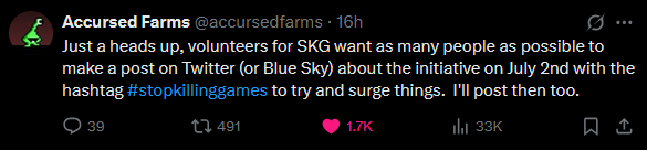 SAVE THE DATE! July 2nd.

We want to get the hashtag #StopKillingGames trending on that day. Please use it in a post and link to the EU initiative and the UK petition.