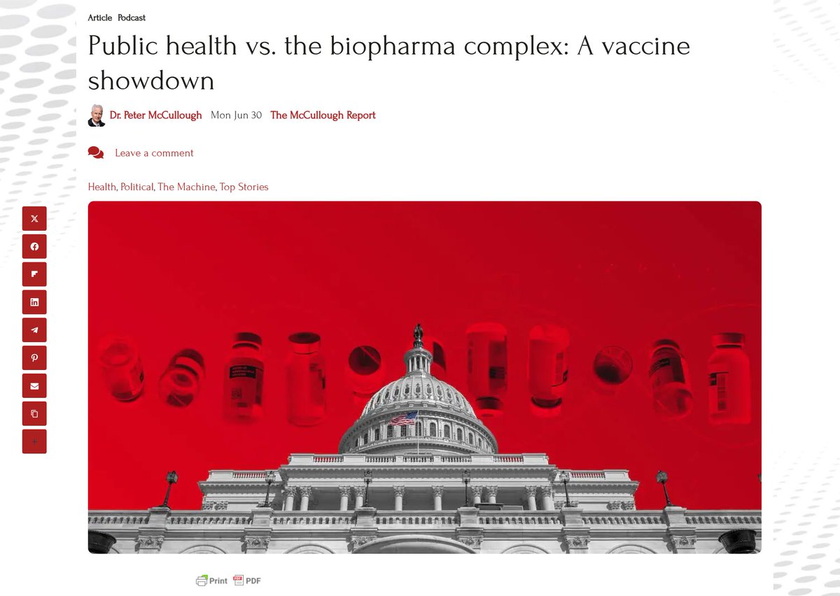 Peter A. McCullough, MD, MPH® (@p_mcculloughmd) on Twitter photo Public health vs. the Bio-Pharmaceutical Complex: A vaccine showdown
The McCullough Report, Dr. Peter McCullough, Mon Jun 30, 2025. <a href="/OutLoudNews/">America Out Loud News</a> <a href="/MalcolmOutLoud/">Malcolm Out Loud</a> americaoutloud.news/public-health-… Public health vs. the Bio-Pharmaceutical Complex: A vaccine showdown
The McCullough Report, Dr. Peter McCullough, Mon Jun 30, 2025. <a href="/OutLoudNews/">America Out Loud News</a> <a href="/MalcolmOutLoud/">Malcolm Out Loud</a> americaoutloud.news/public-health-…