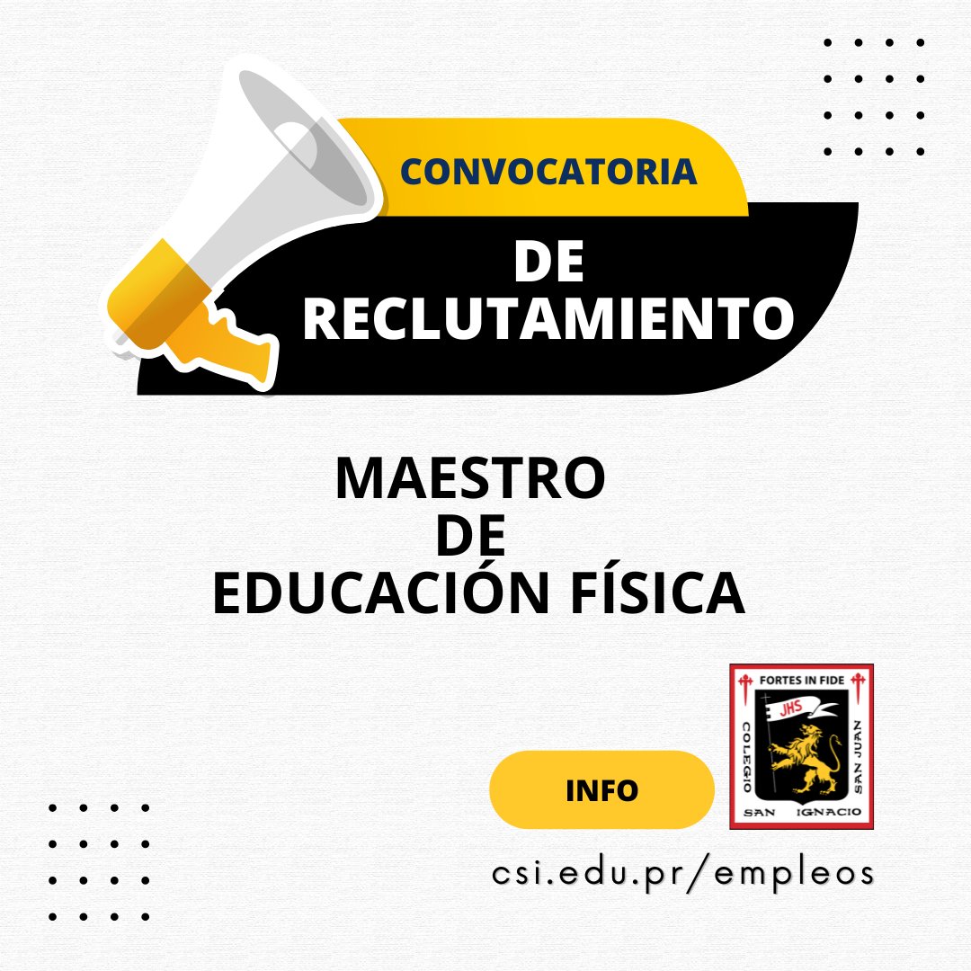 ColSanIgnacioPR's tweet photo. 📣 ¡Estamos contratando!

Buscamos Maestro de Educación Física 🏀 para el Colegio San Ignacio.
Tiempo completo | Comienzo: agosto 2025
Fecha límite: 7 de julio
Detalles: https://t.co/Ic4BRIdof0
Solicita: resume@sanignacio.pr
#CSILeones #Educación #TrabajoPR #SanIgnacioPR https://t.co/bRGldnTouX