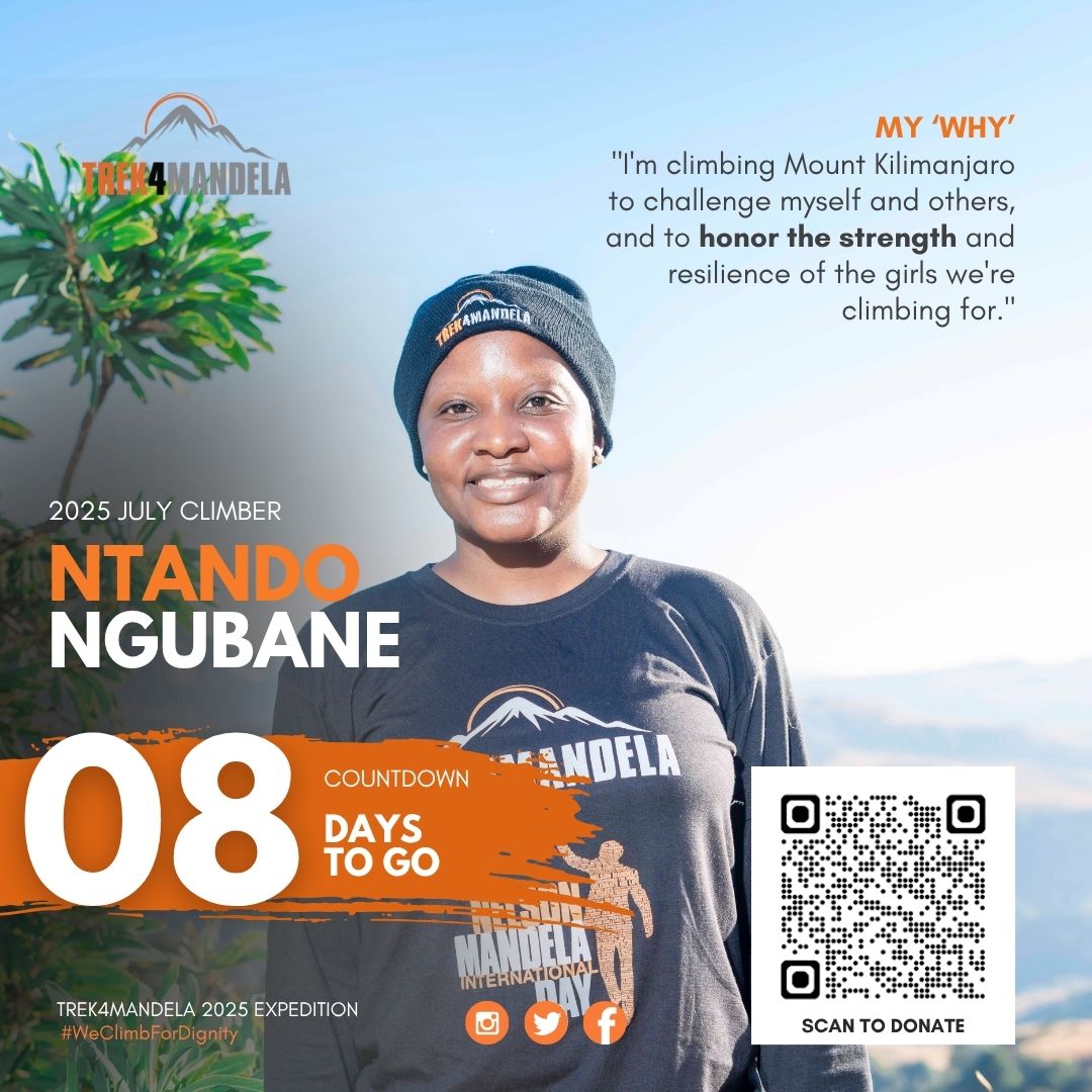 🎉 8 DAYS TO GO! 🏔

The countdown continues as we cheer on Ntando Ngubane, our inspiring Trek4Mandela 2025 July Climber!

📲 Scan QR Code to donate or click here: givengain.com/project/ntando…

One climb. One cause. PERIOD🩸

#Caring4Girls
#MandelaDay
#WeClimbForDignity