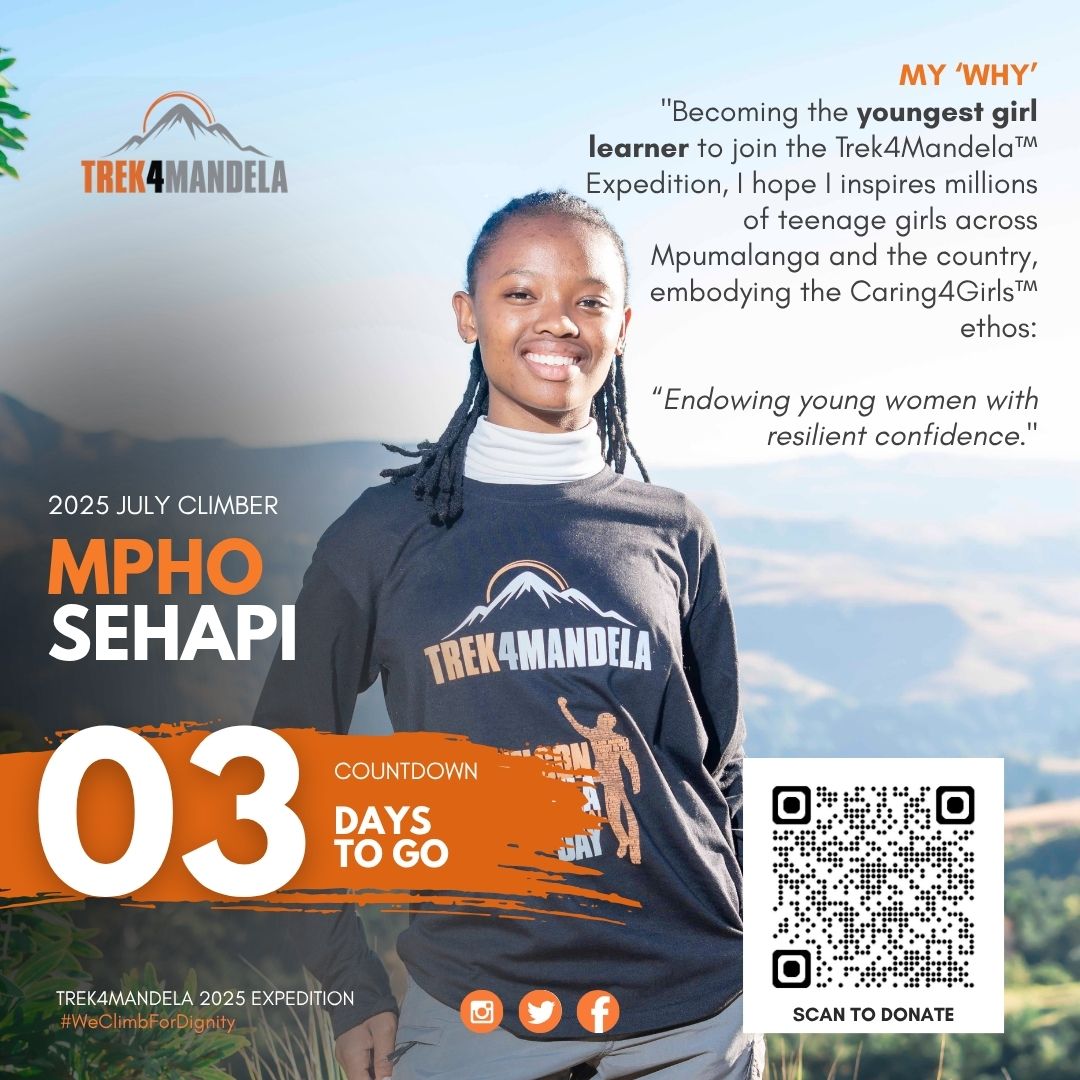 🎉 3 DAYS TO GO! 🏔

The countdown continues as we cheer on Mpho Sehapi, our inspiring Trek4Mandela 2025 July Climber!

📲 Scan QR Code to donate or click here: givengain.com/event/trek4man…

One climb. One cause. PERIOD🩸!

#Caring4Girls
#MandelaDay
#WeClimbForDignity