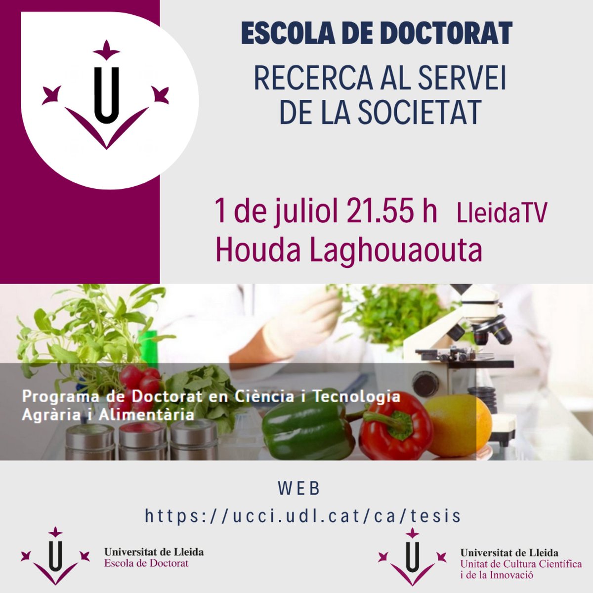 Unitat de Cultura Científica i de la Innovació (@ucci_udl) on Twitter photo 📹 Avui dimarts, a les 21.55 h. per <a href="/LleidaTV/">Lleida TV</a> podreu veure un nou vídeo del projecte audiovisual "Escola de Doctorat. Recerca al servei de la Societat". No us el perdeu!!
<a href="/ETSEAFIV_UdL/">ETSEAFIV_UdL</a> <a href="/DoctoratUdL/">ED Doctorat UdL</a> <a href="/ucci_udl/">Unitat de Cultura Científica i de la Innovació</a> <a href="/UdL_info/">Universitat de Lleida (UdL)</a> 📹 Avui dimarts, a les 21.55 h. per <a href="/LleidaTV/">Lleida TV</a> podreu veure un nou vídeo del projecte audiovisual "Escola de Doctorat. Recerca al servei de la Societat". No us el perdeu!!
<a href="/ETSEAFIV_UdL/">ETSEAFIV_UdL</a> <a href="/DoctoratUdL/">ED Doctorat UdL</a> <a href="/ucci_udl/">Unitat de Cultura Científica i de la Innovació</a> <a href="/UdL_info/">Universitat de Lleida (UdL)</a>