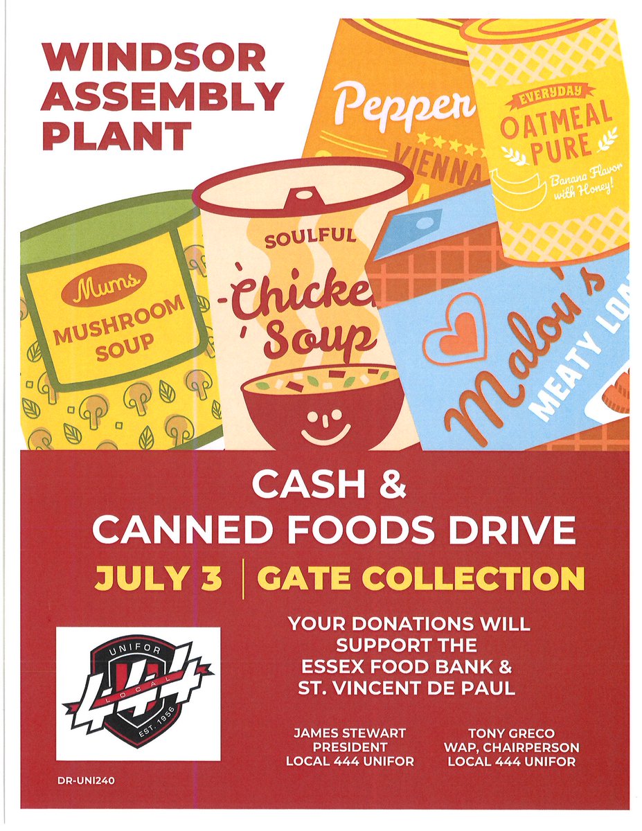 LOCAL444UNIFOR's tweet image. 📦🥫 On July 3, let’s show our #LocalProud spirit!
Windsor Assembly Plant is holding a Cash & Canned Foods Drive to support the Essex Food Bank & St. Vincent de Paul.
Drop your donations at the gate and help make a difference! 💪❤️
#Unifor444 #CommunityStrong