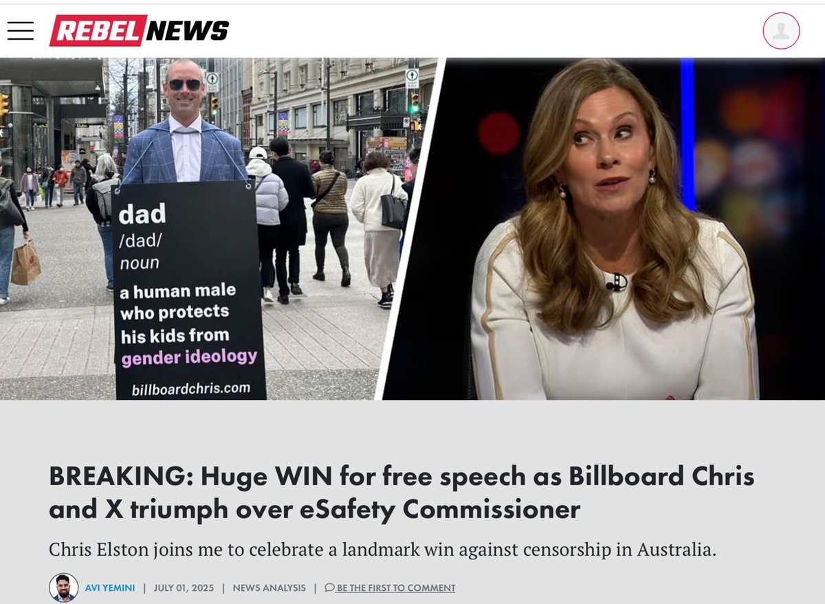 Another court loss for eSafety Karen.

rebelnews.com/huge_win_for_f…

The woman is a walking disaster area. 

She is a poltical activist, an anti-free zealot who is completely unfit to hold any regulatory role. 

This latest court loss, where she has again been found to have acted