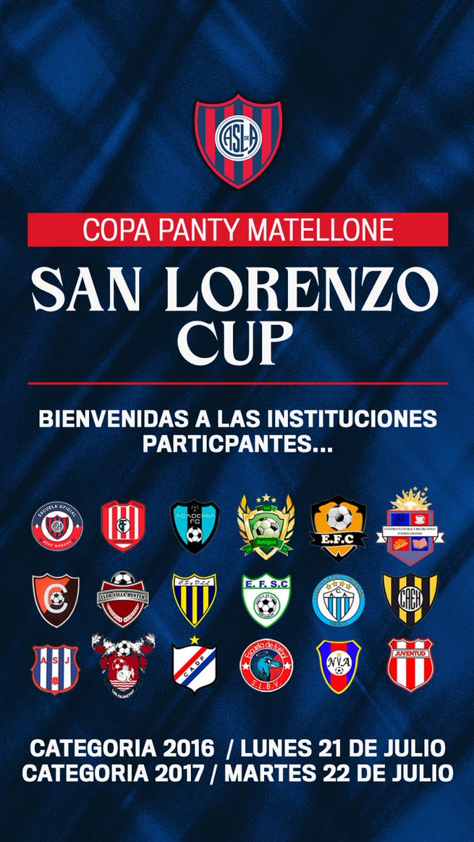 19 dias para el Gran evento
Vacaciones de Invierno en San Lorenzo
San Lorenzo Cup, 
Mundialitos Promocionales. 
Categorias 2016 2017 2018 2019
800 familias Por dia.
Seguimos trabajando juntos
💙❤️💙💪⚽️🇦🇷🦅