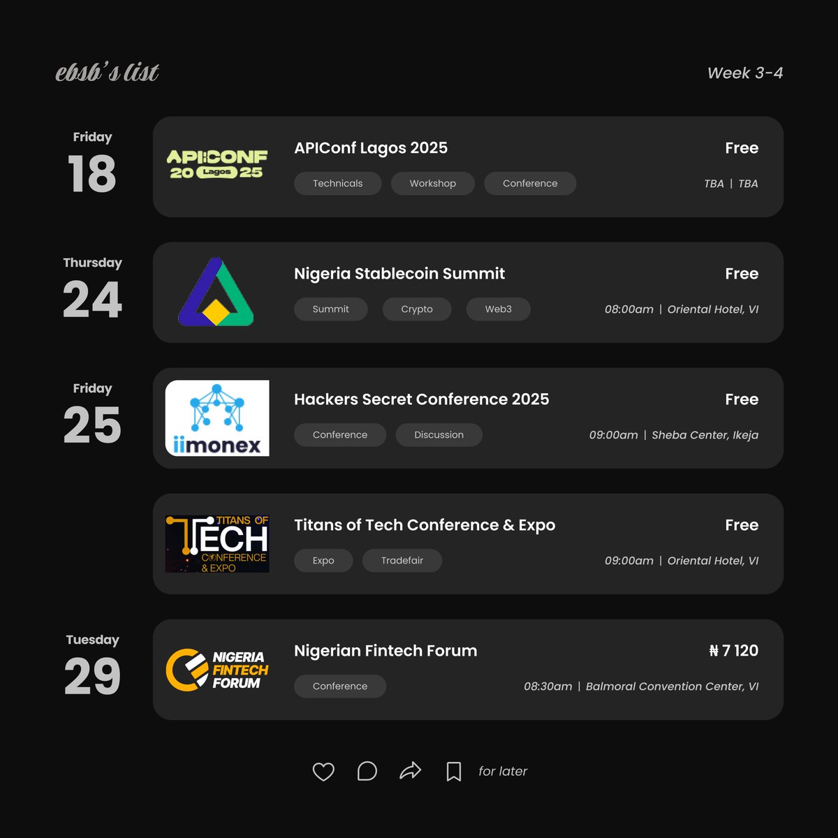shalombrain's tweet image. It's the second half of the year, another season to start afresh, step out of the house, touch grass, and network with possible opportunities.
These are major tech events holding in Lagos that you shouldn't miss out on
This is esbs's list for July
👍 & ↪️ for more reach