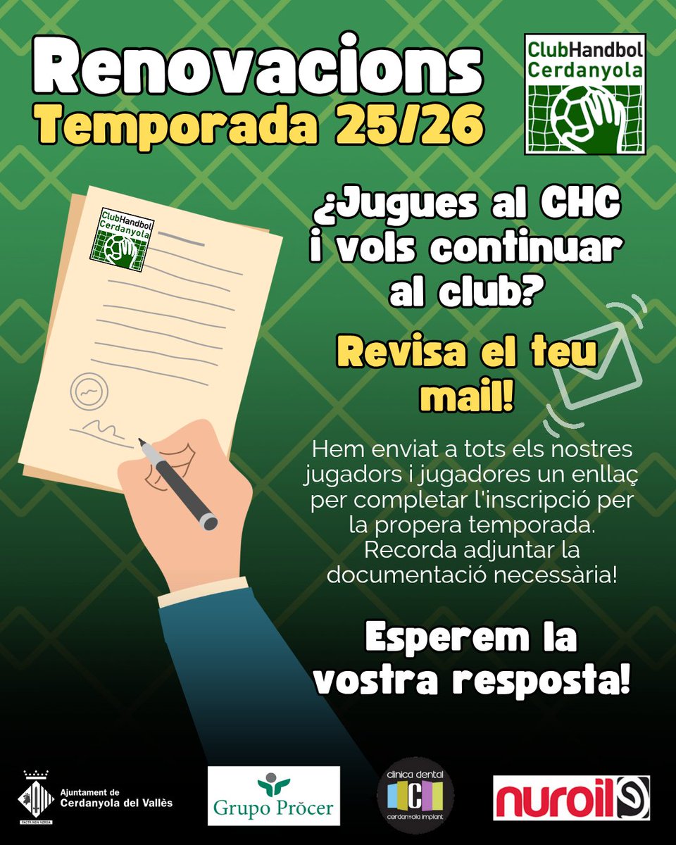 🤔 ¿Has jugat aquesta temporada al Club i vols continuar l'any que ve? Obrim el període de RENOVACIONS 2025/26

📩 Hem enviat a tots els nostres jugadors i jugadores un mail amb un enllaç per completar l'inscripció de cara a la propera temporada!

💚 Esperem la vostra resposta!