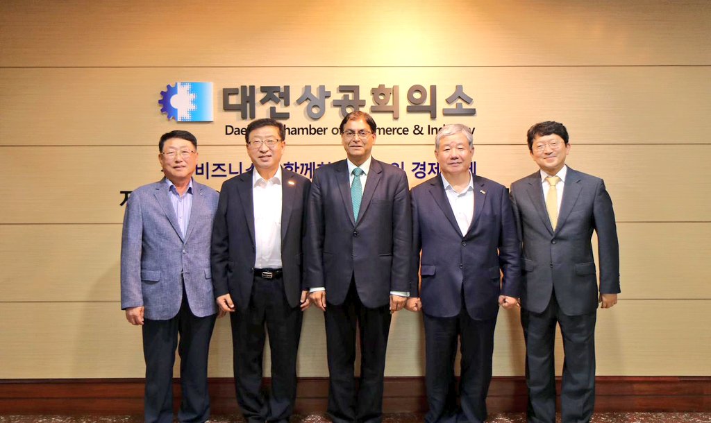 India in ROK (@indiainrok) on Twitter photo Ambassador <a href="/KumarAmitMEA/">Amit Kumar</a> had an engaging meeting with Chung Tae-hee, Chairperson of Daejeon Chamber of commerce and Industry today, along with their two VPs in Daejeon. Vice Mayor Young-kyu Park also joined the meeting.
They discussed opportunities for cooperation between Ambassador <a href="/KumarAmitMEA/">Amit Kumar</a> had an engaging meeting with Chung Tae-hee, Chairperson of Daejeon Chamber of commerce and Industry today, along with their two VPs in Daejeon. Vice Mayor Young-kyu Park also joined the meeting.
They discussed opportunities for cooperation between