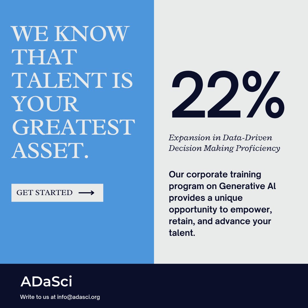 Your talent is your greatest asset.

Empower them with our corporate training in Generative AI.

Discover how you can retain, upskill, and future-proof your teams.

👉 Get Started: adasci.org/corporate-trai…

#GenerativeAI #CorporateTraining #TalentDevelopmen