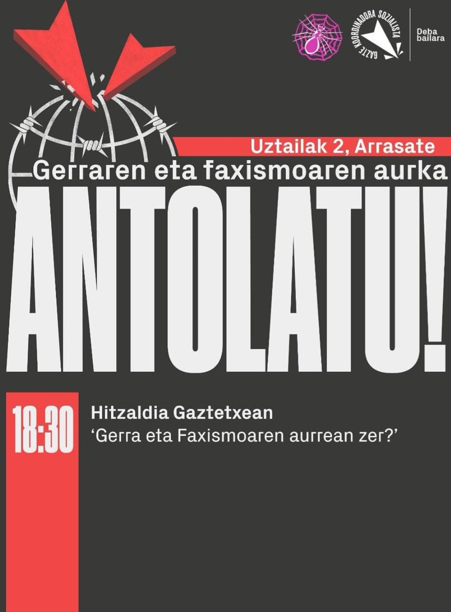 [HITZALDIA]

Bihar 18:30etan <a href="/GKS_DebaBailara/">Deba bailarako GKS</a>|k
 antolatuta "GERRA ETA FAXISMOAREN AURREAN ZER?" hitzaldia gurean. 

Animatu!