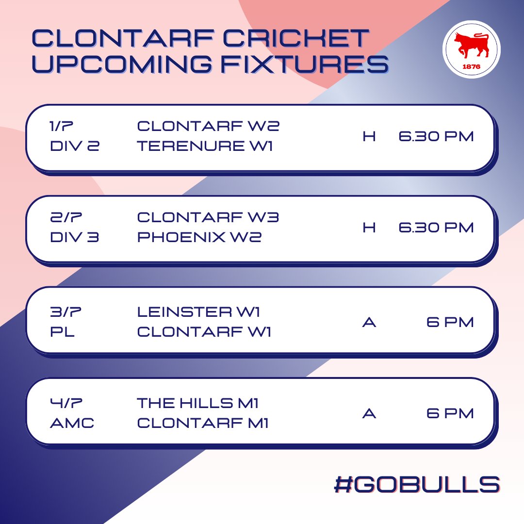 A full Women's mid-week schedule (get down to Castle Avenue on Tuesday / Wednesday to support) takes us into the new month, and there's AMC action for our M1s on Friday. #GoBulls🔵🔴

<a href="/TerenureCC/">Terenure Cricket Club</a>  <a href="/phoenixcricket/">Phoenix Cricket Club</a>  <a href="/LeinsterCC/">Leinster CC Est.1852</a>  <a href="/thehillscc/">The Hills Cricket Club</a>