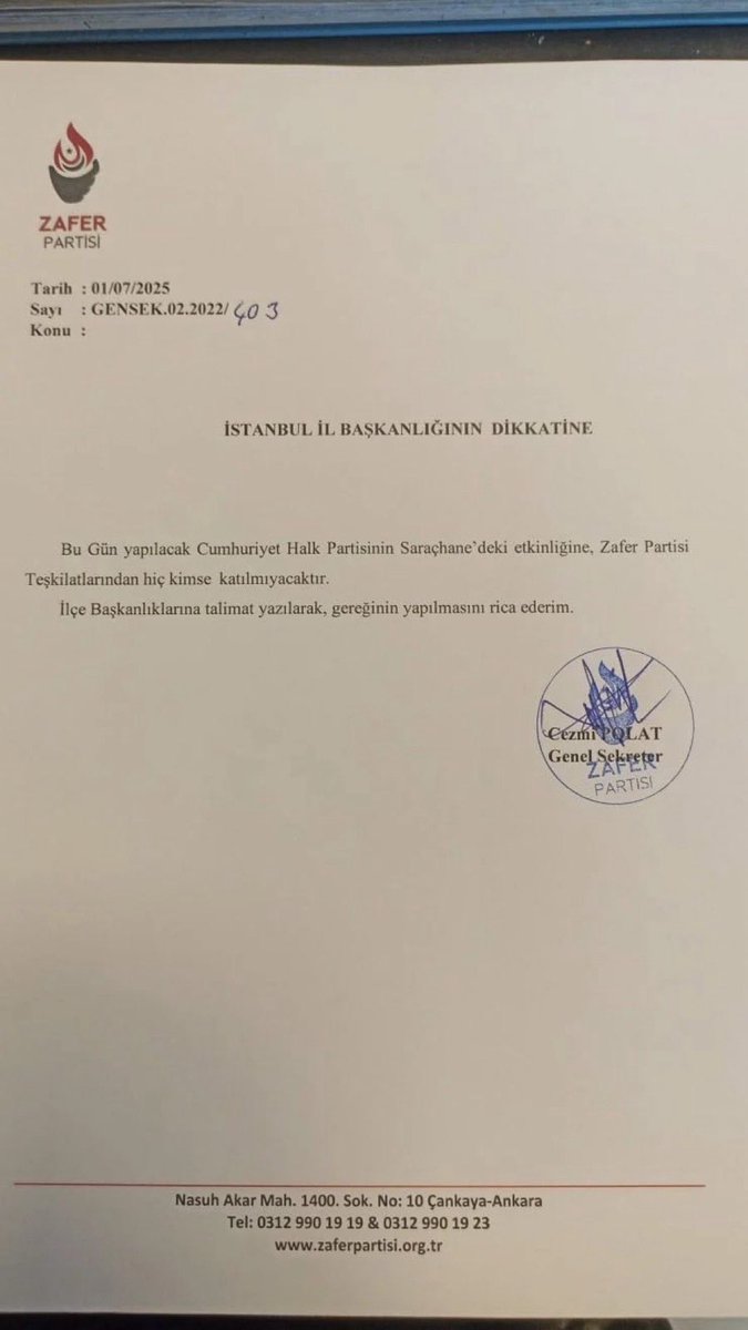 Zafer Partisi'nden teşkilatlara:

“Saraçhane mitingine kimse katılmayacak.”