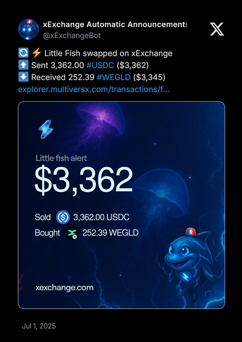 xExchange V3 ⚡ (@xexchangeapp) on Twitter photo The <a href="/xExchangeBot/">xExchange Automatic Announcements</a> just got an upgrade for the real-time DeFi watchers.
New pairs? Yes. Large swaps? Now too.
🐟 Fish: $2.5K
🐬 Dolphin: $5K
🐳 Whale: ❓
The whale’s move is still overdue. Who’s ready to drop the first major trade? The <a href="/xExchangeBot/">xExchange Automatic Announcements</a> just got an upgrade for the real-time DeFi watchers.
New pairs? Yes. Large swaps? Now too.
🐟 Fish: $2.5K
🐬 Dolphin: $5K
🐳 Whale: ❓
The whale’s move is still overdue. Who’s ready to drop the first major trade?