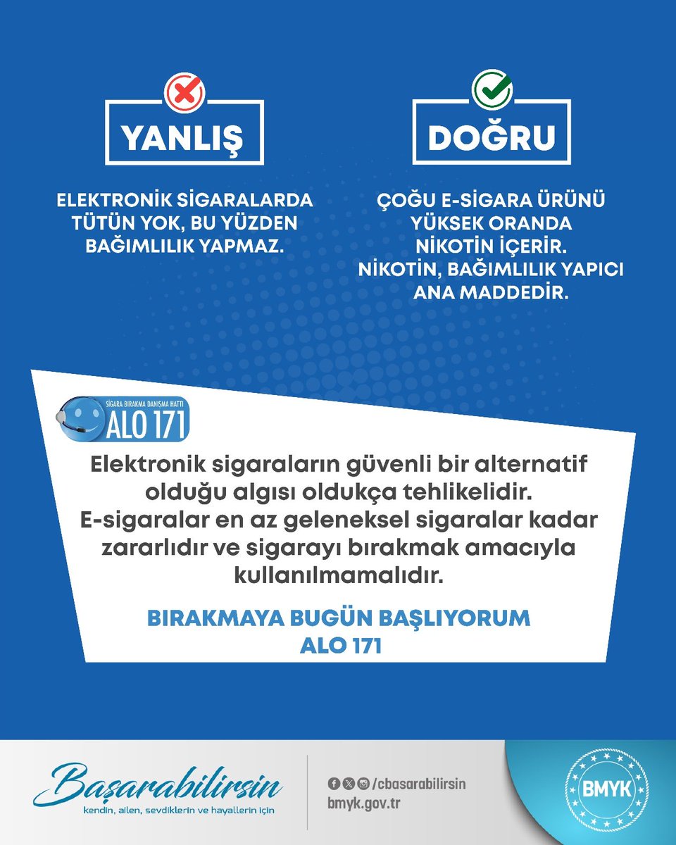 Yüksek oranda nikotin içeren elektronik sigaralar, bağımlılığı tetikler ve en az sigara kadar zararlıdır.

Bugün bırakmak için en doğru gün! Sen de #Bırakabilirsin

#ElektronikSigara #Bağımlılık #ALO171
