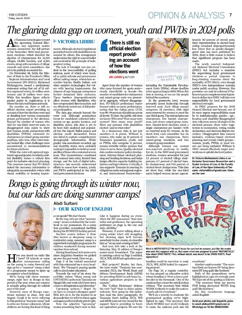 Victorialihiru (@victorialihiru) on Twitter photo As Tanzania gears up for 2025 general elections, I'm reflecting on a critical gap
✅ What do we really know about women, youth, and PWDs' participation in the 2024 local elections?
✅ Read my thoughts on this OpED <a href="/TheCitizenTz/">The Citizen Tanzania</a>
thecitizen.co.tz/tanzania/oped/… As Tanzania gears up for 2025 general elections, I'm reflecting on a critical gap
✅ What do we really know about women, youth, and PWDs' participation in the 2024 local elections?
✅ Read my thoughts on this OpED <a href="/TheCitizenTz/">The Citizen Tanzania</a>
thecitizen.co.tz/tanzania/oped/…