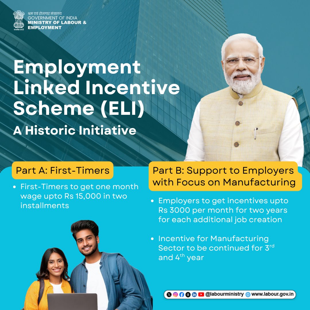 A Big Boost to Jobs &amp; Economy!

With an outlay of ₹99,446 crore, the newly approved Employment Linked Incentive (ELI) Scheme is set to support generation of over 3.5 crore jobs—fueling economic growth, empowering first-time employees, and incentivizing establishments across