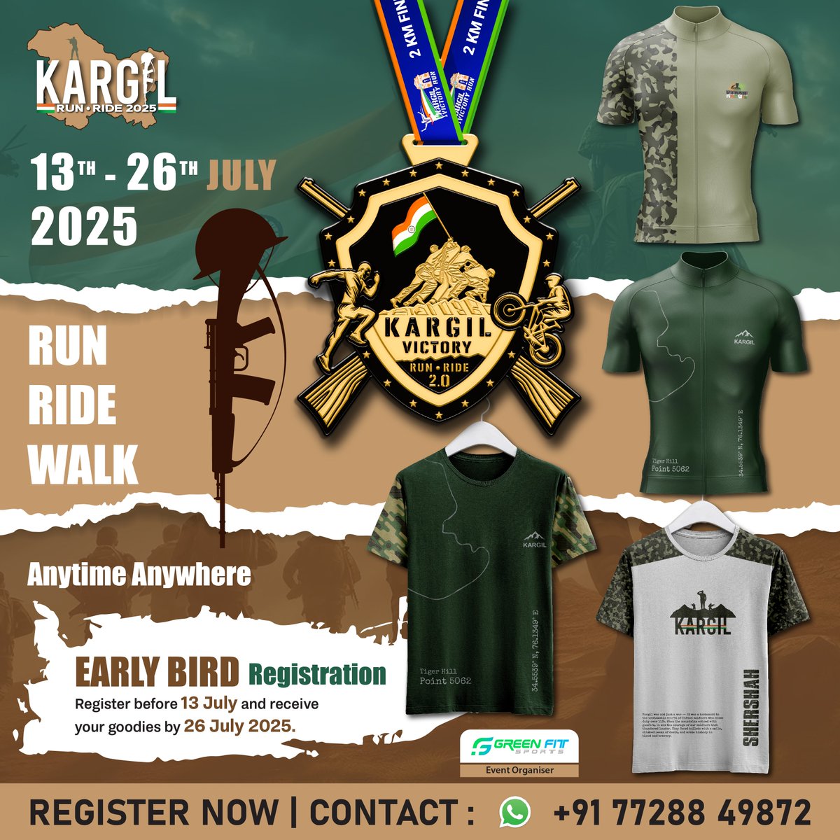Join the virtual event ‘Kargil Run - Ride 2025’ to celebrate the historic victory of the Kargil War. This #KargilVijayDiwas, run or ride in tribute to our brave soldiers.

Date: 13 July - 26 July 2025

Register now: tinyurl.com/2r3svkk4

For Query : +91-77288 49872