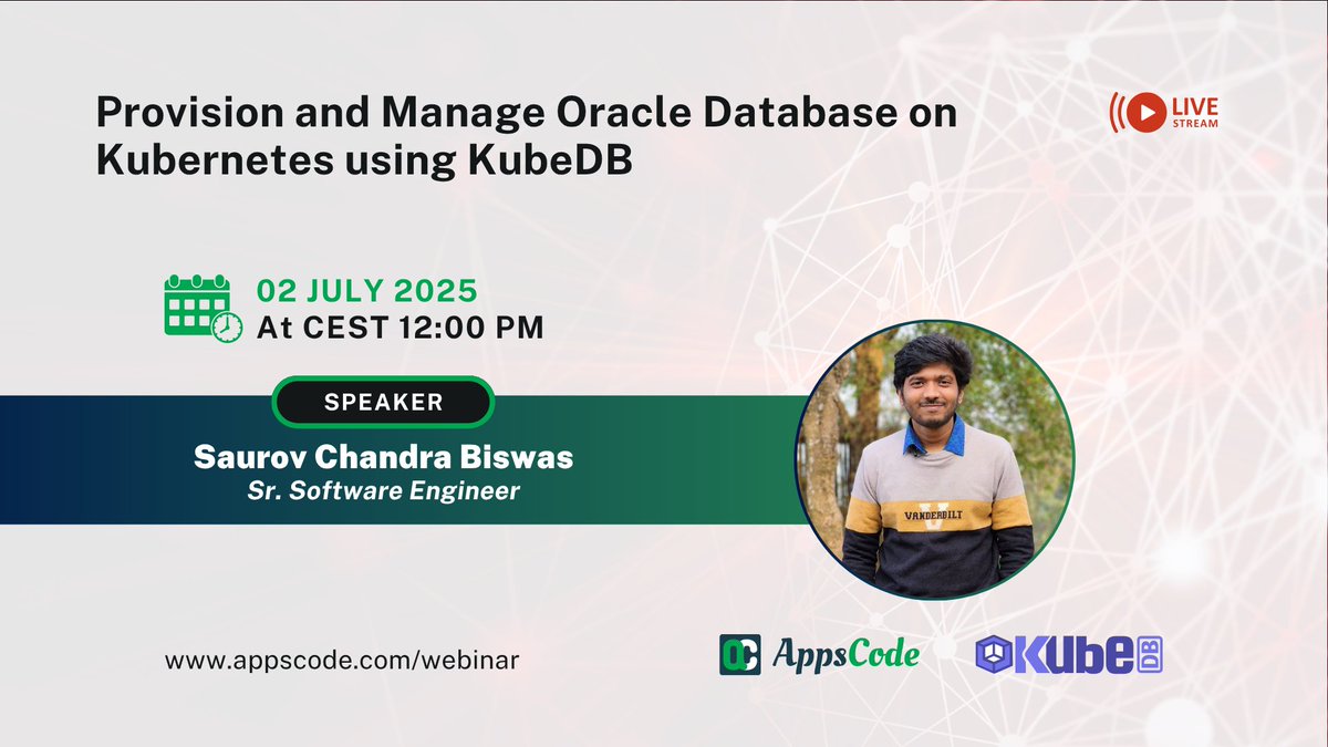AppsCodeHQ's tweet image. Webinar Alert: Provision and Manage Oracle on Kubernetes using KubeDB 🚀 
Join us for an in-depth webinar on Managed Oracle! 
📅 When: 02 July 2025, CEST 12:00 PM
🔗 Register now: appscode.com/webinar/
#AppsCode #KubeDB #Oracle