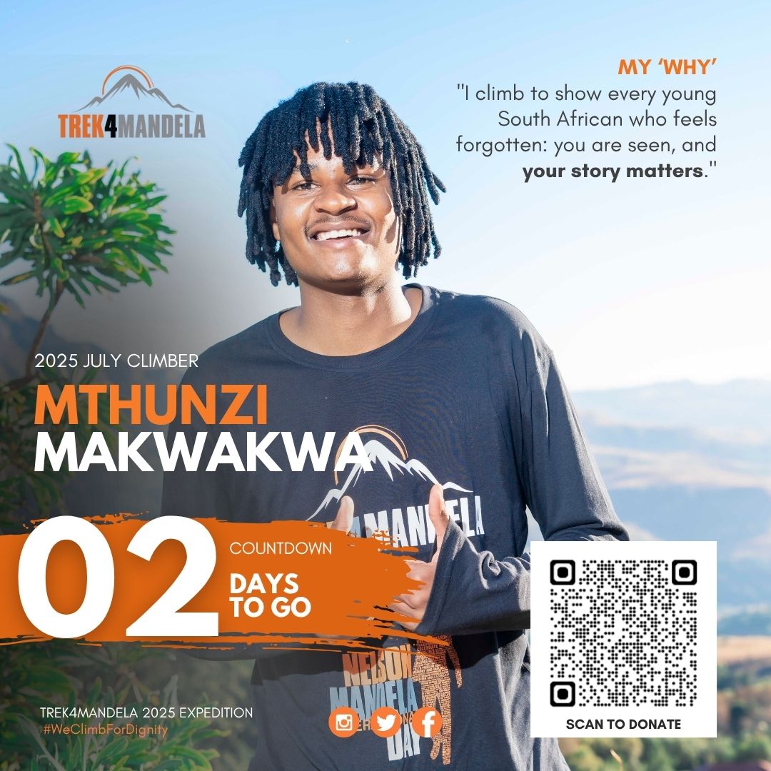 🎉 2 DAYS TO GO! 🏔

The countdown continues as we cheer on Mthunzi Makwakwa, our inspiring Trek4Mandela 2025 July Climber!

📲 Scan QR Code to donate or click here: givengain.com/project/bongan…

One climb. One cause. PERIOD🩸!

#Caring4Girls
#MandelaDay
#WeClimbForDignity