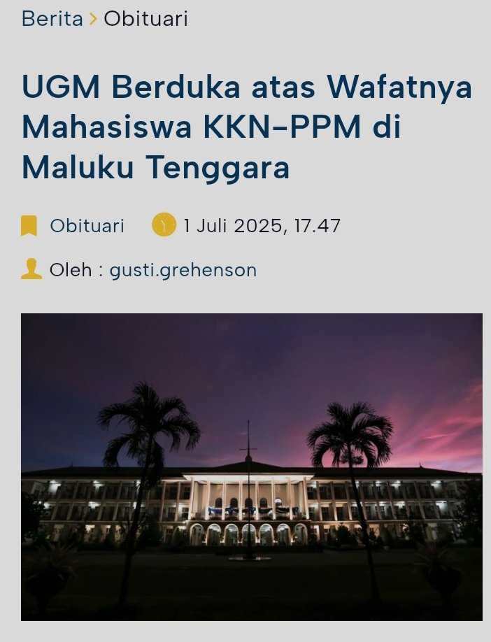Turut Berdukacita Atas Musibah Yg Menimpa Mahasiswa UGM Yg Terkena Musibah 🥀
Menurut Salah Satu  Sumber 1 Meninggal anak teknik, 1 Hilang Anak Kehutanan, 5 Kritis. 

"UGM Berduka atas Wafatnya Mahasiswa KKN-PPM di Maluku Utara. 

ugm.ac.id/id/berita/ugm-…
