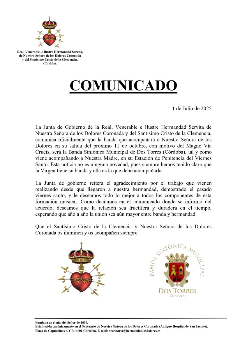 Comunicado Banda Magno Vía Crucis