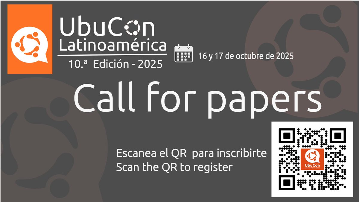 UbuConLA (@ubuconla) on Twitter photo 📢 Call for Papers | UbuconLA 2025
We invite you to submit your proposal to speak or lead a workshop at Ubucon Latin America 2025, to be held on October 16–17 at the University of Azuay, Cuenca,Ec. Scan the QR to apply. <a href="/ubuntu/">Ubuntu</a> <a href="/only_office/">The ONLYOFFICE</a> <a href="/DMConstantino/">Diogo Constantino - @DiogoConstantino@masto.pt</a> <a href="/il_Vipero/">Mauro Gaspari</a> <a href="/UBports/">UBports Foundation</a> 📢 Call for Papers | UbuconLA 2025
We invite you to submit your proposal to speak or lead a workshop at Ubucon Latin America 2025, to be held on October 16–17 at the University of Azuay, Cuenca,Ec. Scan the QR to apply. <a href="/ubuntu/">Ubuntu</a> <a href="/only_office/">The ONLYOFFICE</a> <a href="/DMConstantino/">Diogo Constantino - @DiogoConstantino@masto.pt</a> <a href="/il_Vipero/">Mauro Gaspari</a> <a href="/UBports/">UBports Foundation</a>