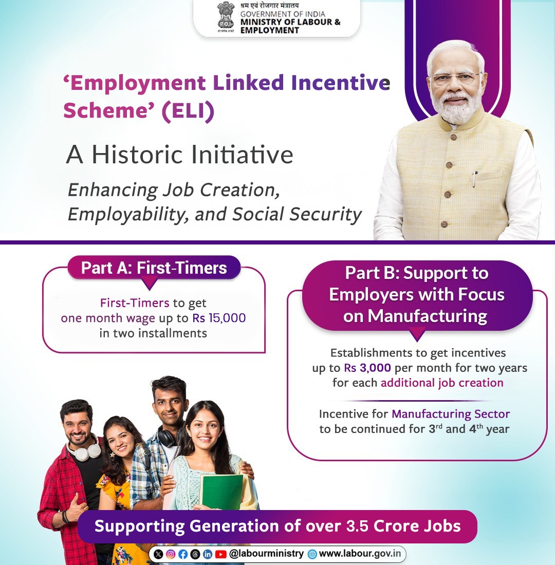 Establishments to be incentivized for job creation! Join this one-of-a-kind scheme today and contribute to building India’s workforce.

#ELI4ViksitBharat