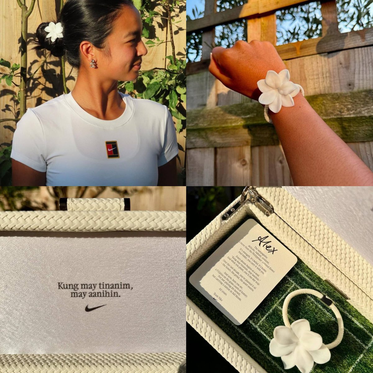 Alexandra Eala was given a special hair tie from Nike to wear at Wimbledon. 

It features the sampaguita, which is the national flower of the Philippines.

“Kung may tinanim, may aanihin.”

Which translates to: “If you plant, you will harvest.” 

Nike’s message:

“Alex, 
The