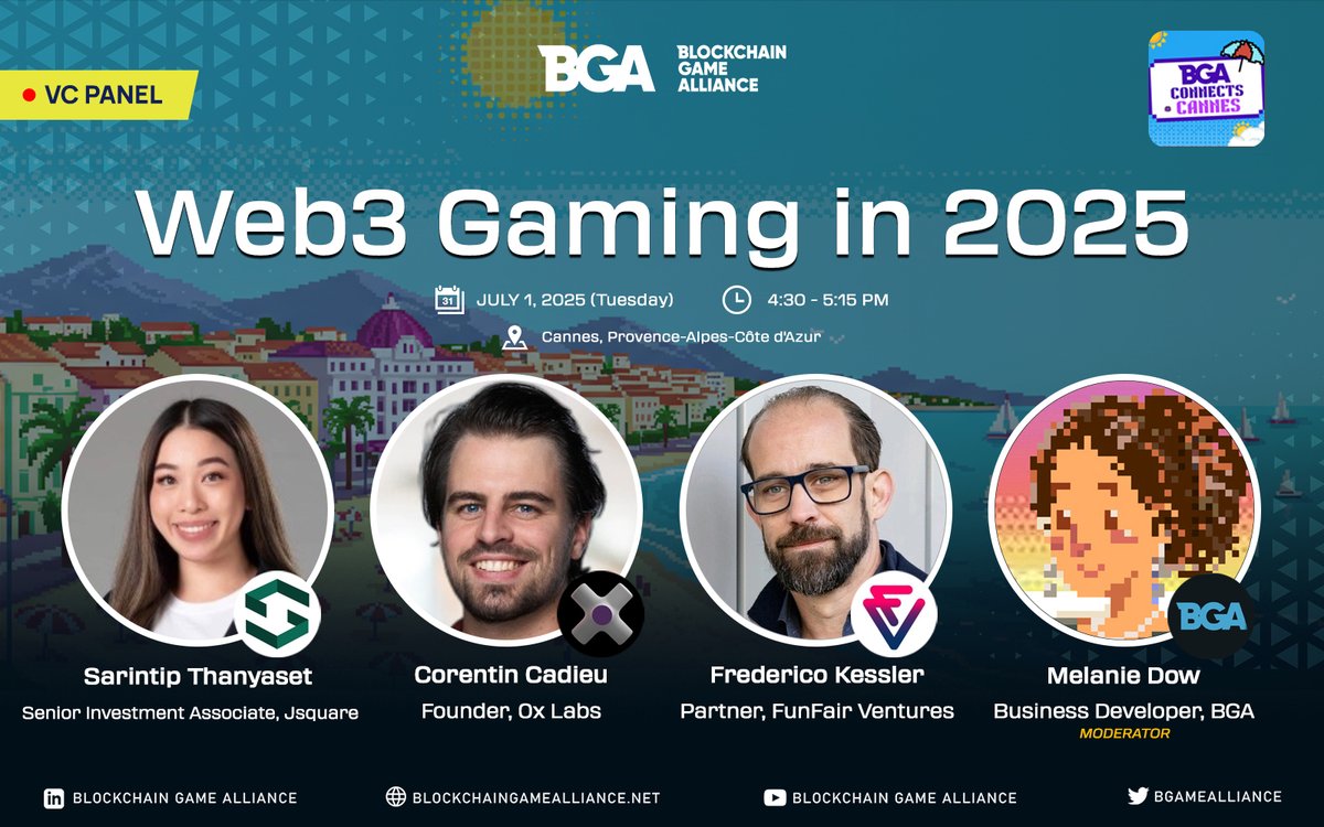 Blockchain Game Alliance (@bgamealliance) on Twitter photo 👾 BGA Connects: EthCC Cannes — VC Panel 🎤
🎙️ Web3 Gaming in 2025 🎮
🗓️ July 1, 2025
⏰ 4:30 – 5:15 PM
📍 Cannes, France
Featuring
• <a href="/SarintipThanya2/">Sarintip Thanyaset</a> - Senior Investment Associate, <a href="/JSquare_co/">Jsquare</a>
• Corentin Cadieu - Founder, 0x Labs
• <a href="/FredCryptoVC/">Fred Kessler</a> - Partner, <a href="/FunFairVentures/">FunFair Ventures</a> 👾 BGA Connects: EthCC Cannes — VC Panel 🎤
🎙️ Web3 Gaming in 2025 🎮
🗓️ July 1, 2025
⏰ 4:30 – 5:15 PM
📍 Cannes, France
Featuring
• <a href="/SarintipThanya2/">Sarintip Thanyaset</a> - Senior Investment Associate, <a href="/JSquare_co/">Jsquare</a>
• Corentin Cadieu - Founder, 0x Labs
• <a href="/FredCryptoVC/">Fred Kessler</a> - Partner, <a href="/FunFairVentures/">FunFair Ventures</a>