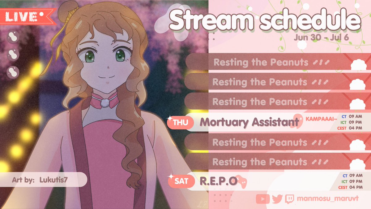 📆30 June - 6 July📆

Hey Peanuts, this week we are going to have some horror games!

On Thursday I will be playing Mortuary Assistant and if I scream - I drink!

And Sunday we play R.E.P.O together!

See ya soon ❤️
#Vtuber #ENVtuber #twitch #YouTube #streamer