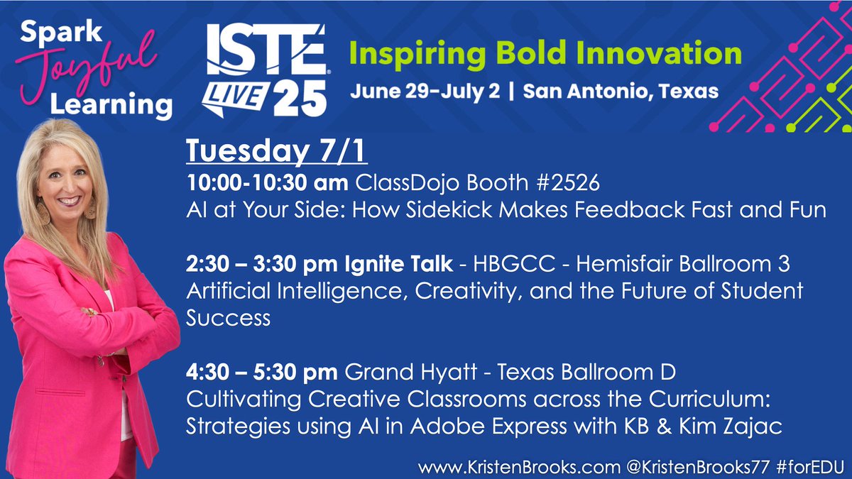 Where to find me on Tuesday, July 1st! From the vendor hall, to the tea stand, to the ISTE+ASCD stage, ending at the Grand Hyatt, find me to connect and say "Hey Y'all"
#AdobeEDUcreative #forEDU
#STElive