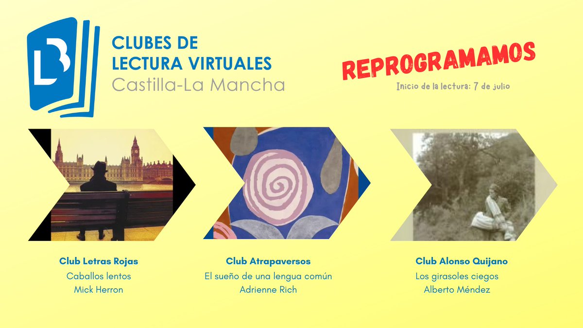 Reprogramando nuestras lecturas🔂📚
🗓️30 de junio:
➡️Ir a La Habana-Leonardo Padura
➡️La sed-Virginia Mendoza
➡️El fantasma que alimento-Victoria Ying
🗓️7 de julio:
▶️Los girasoles ciegos-Alberto Méndez.
▶️El sueño de una lengua común-Adrienne Rich.
▶️Caballos lentos-Mick Herron.