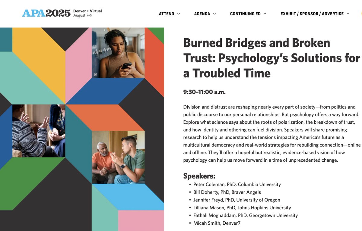 PeterTColeman1's tweet image. JOIN US at APA in Denver on August 8 to learn the latest science and practice for addressing our first-order problem of Toxic Polarization.