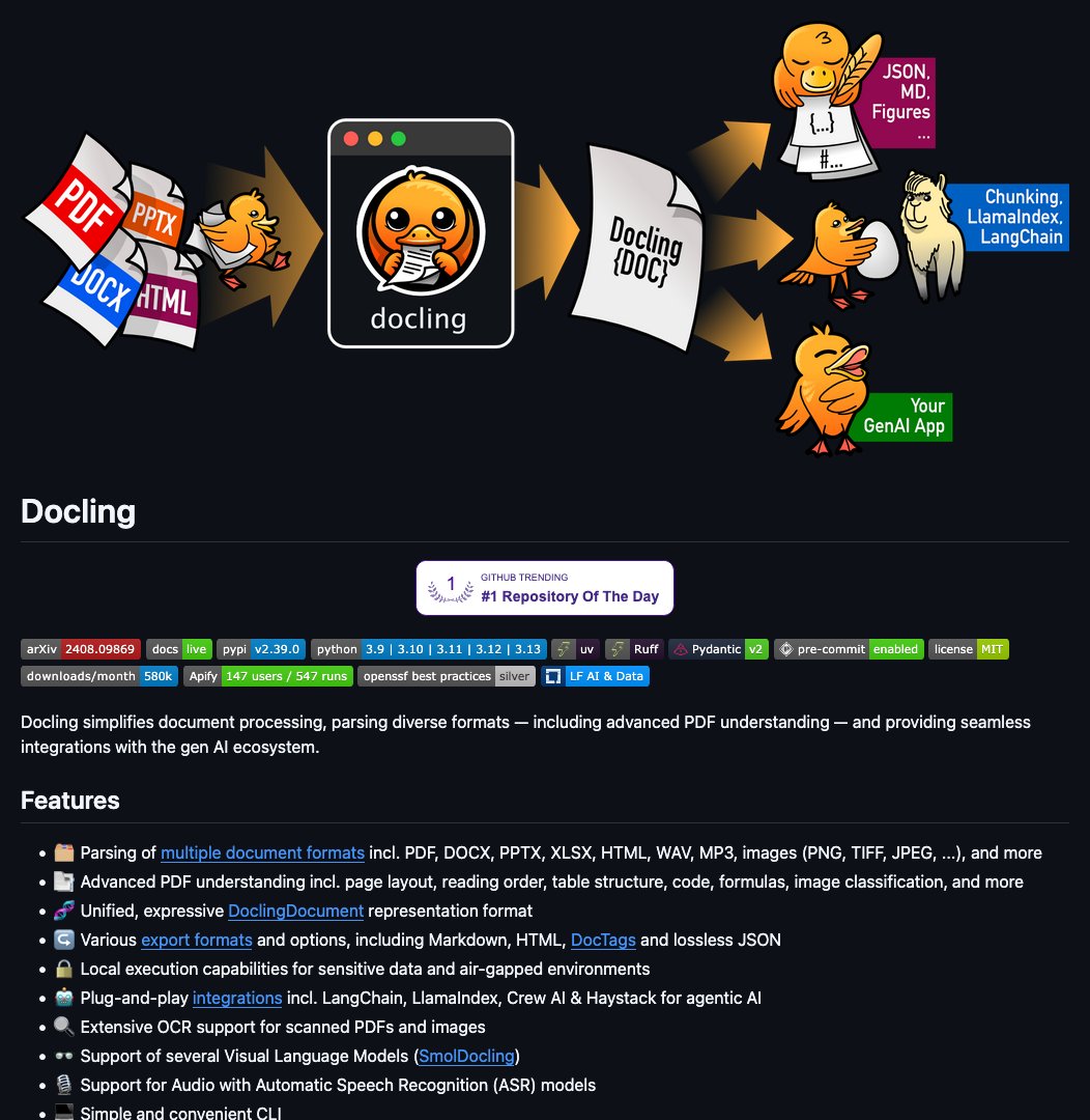D4Vinci1's tweet image. docling

Introducing Docling, an open-source tool simplifying document processing with advanced PDF understanding and seamless integrations with the gen AI ecosystem #Docling #OpenSourceAI #GenAI