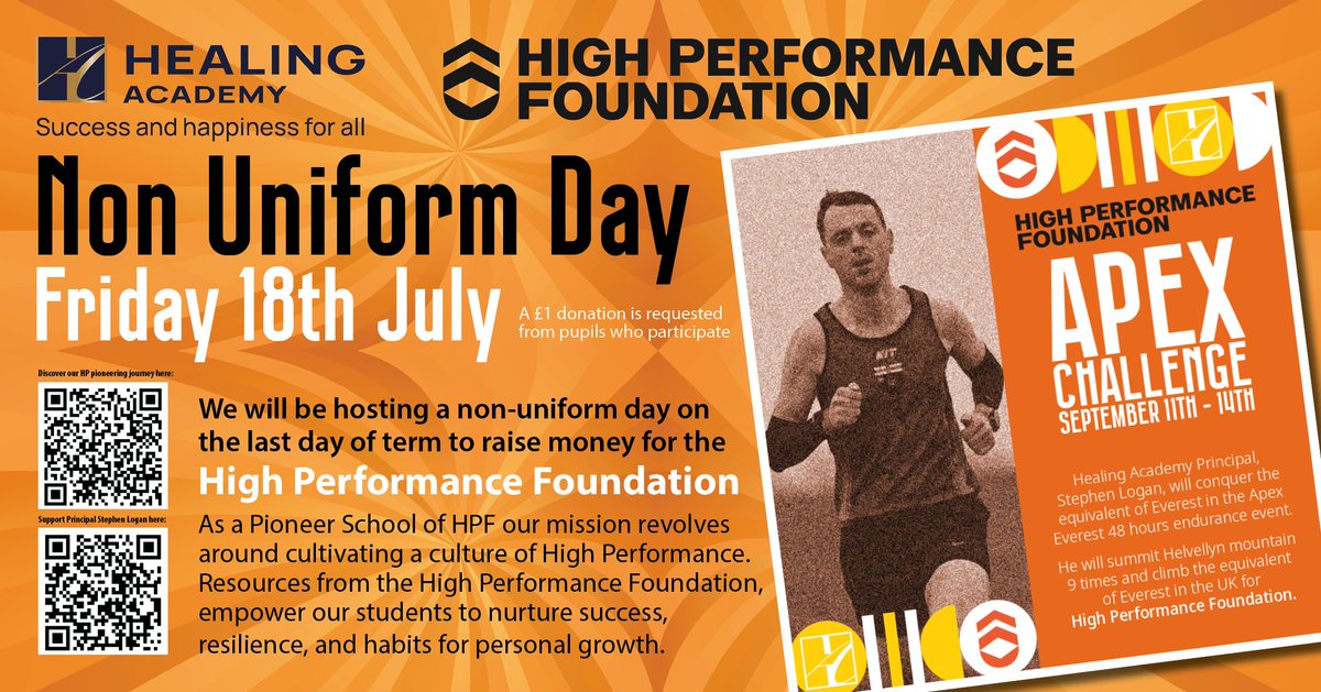 We are excited to announce we will be having a non-uniform day on the last day of
term on Friday 18th July to raise money for the High Performance Foundation.
We are asking for a £1 donation from each pupil who participates. We believe this
non-uniform day will be a fun way for