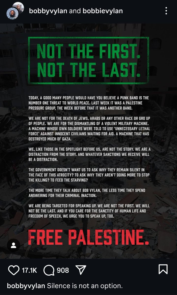 Bob Vylan issued another statement.

"We are not for the death of Jews, Arabs or any other race or group of people. We are for the dismantling of a violent military machine. "